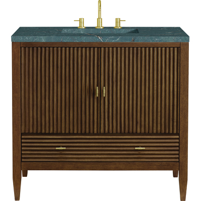 James Martin Myrrin 36 inch Vanity, Mid Century Walnut w/ 3 CM Parisien Bleu Quartz Top, 840108973628, 485-V36-WLT-3PBL