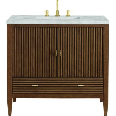 James Martin Myrrin 36 inch Vanity, Mid Century Walnut w/ 3 CM Victorian Silver Quartz Top, 840108973635, 485-V36-WLT-3VSL