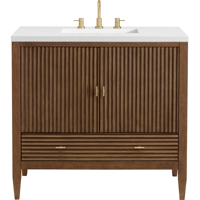 James Martin Myrrin 36 inch Vanity, Mid Century Walnut w/ 3 CM White Zeus Quartz Top, 840108973550, 485-V36-WLT-3WZ