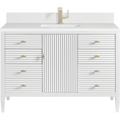 James Martin Myrrin 48 inch Vanity, Bright White w/ Single Hole 3 CM White Zeus Quartz Top & Backsplash, 840108973772, 485-V48-BW-1WZ