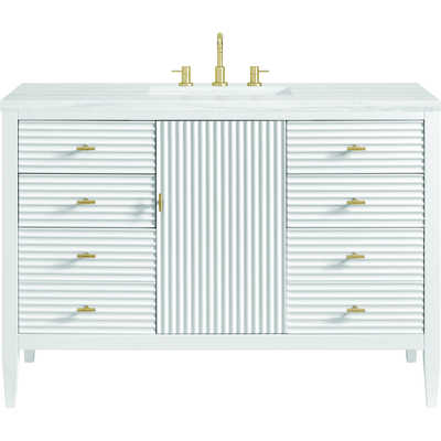 James Martin Myrrin 48 inch Vanity, Bright White w/ 3 CM Arctic Fall Solid Surface Top, 840108973680, 485-V48-BW-3AF