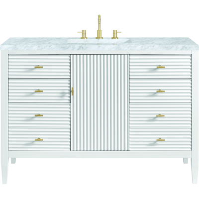 James Martin Myrrin 48 inch Vanity, Bright White w/ 3 CM Carrara White Marble Top, 840108973673, 485-V48-BW-3CAR