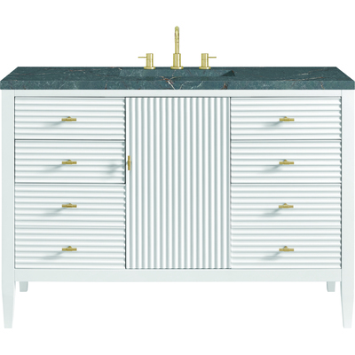 James Martin Myrrin 48 inch Vanity, Bright White w/ 3 CM Parisien Bleu Quartz Top, 840108973741, 485-V48-BW-3PBL