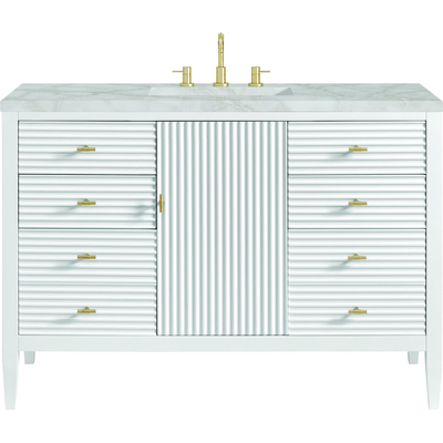 James Martin Myrrin 48 inch Vanity, Bright White w/ 3 CM Victorian Silver Quartz Top, 840108973758, 485-V48-BW-3VSL