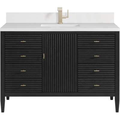 James Martin Myrrin 48 inch Vanity, Carbon Oak w/ Single Hole 3 CM White Zeus Quartz Top & Backsplash, 840108973888, 485-V48-CBO-1WZ