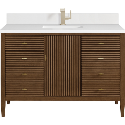 James Martin Myrrin 48 inch Vanity, Mid Century Walnut w/ Single Hole 3 CM White Zeus Quartz Top & Backsplash, 840108973994, 485-V48-WLT-1WZ