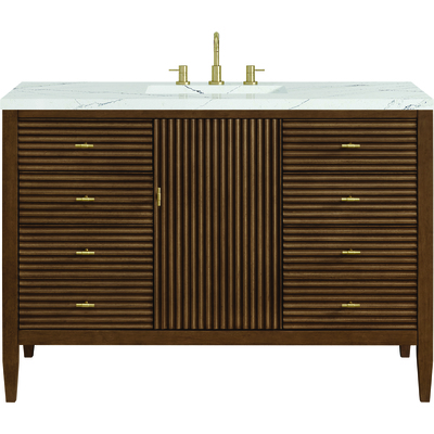 James Martin Myrrin 48 inch Vanity, Mid Century Walnut w/ 3 CM Ethereal Noctis Quartz Top, 840108973932, 485-V48-WLT-3ENC