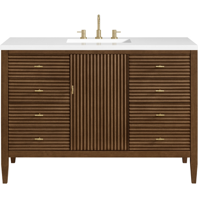 James Martin Myrrin 48 inch Vanity, Mid Century Walnut w/ 3 CM White Zeus Quartz Top, 840108973895, 485-V48-WLT-3WZ