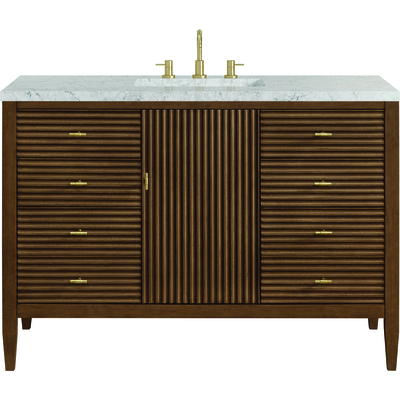 James Martin Myrrin 48 inch Vanity, Mid Century Walnut w/ 3 CM Eternal Jasmine Pearl Silestone Top w/FreePower Wireless Charger, 840467810848, 485-V48-WLT-FEJP