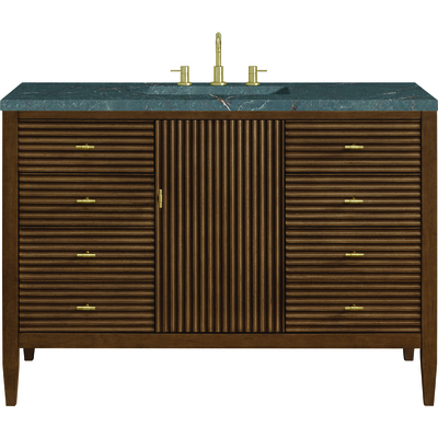 James Martin Myrrin 48 inch Vanity, Mid Century Walnut w/ 3 CM Parisien Bleu Silestone Top w/FreePower Wireless Charger, 840467810862, 485-V48-WLT-FPBL