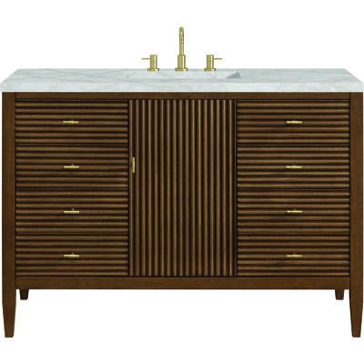 James Martin Myrrin 48 inch Vanity, Mid Century Walnut w/ 3 CM Victorian Silver Silestone Top w/FreePower Wireless Charger, 840467810879, 485-V48-WLT-FVSL