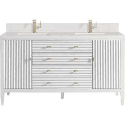 James Martin Myrrin 60 inch Double Vanity, Bright White w/ Single Hole 3 CM White Zeus Quartz Top & Backsplash, 840108974113, 485-V60D-BW-1WZ