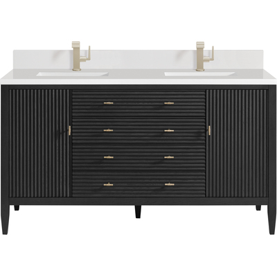 James Martin Myrrin 60 inch Double Vanity, Carbon Oak w/ Single Hole 3 CM White Zeus Quartz Top & Backsplash, 840108974229, 485-V60D-CBO-1WZ