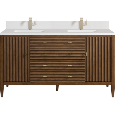 James Martin Myrrin 60 inch Double Vanity, Mid Century Walnut w/ Single Hole 3 CM White Zeus Quartz Top & Backsplash, 840108974335, 485-V60D-WLT-1WZ