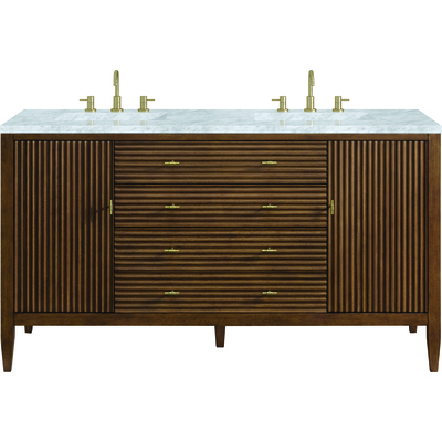 James Martin Myrrin 60 inch Double Vanity, Mid Century Walnut w/ 3 CM Carrara White Marble Top, 840108974243, 485-V60D-WLT-3CAR