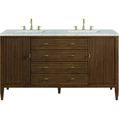 James Martin Myrrin 60 inch Double Vanity, Mid Century Walnut w/ 3 CM Eternal Jasmine Pearl Quartz Top, 840108974267, 485-V60D-WLT-3EJP