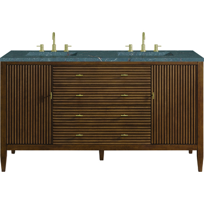 James Martin Myrrin 60 inch Double Vanity, Mid Century Walnut w/ 3 CM Parisien Bleu Silestone Top w/FreePower Wireless Charger, 840467810985, 485-V60D-WLT-FPBL
