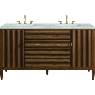 James Martin Myrrin 60 inch Double Vanity, Mid Century Walnut w/ 3 CM Victorian Silver Silestone Top w/FreePower Wireless Charger, 840467810992, 485-V60D-WLT-FVSL