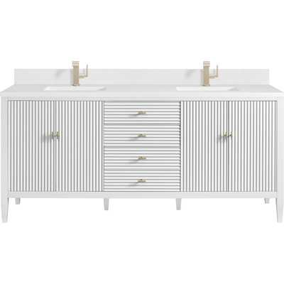 James Martin Myrrin 72 inch Vanity, Bright White w/ Single Hole 3 CM White Zeus Quartz Top & Backsplash, 840108974458, 485-V72-BW-1WZ