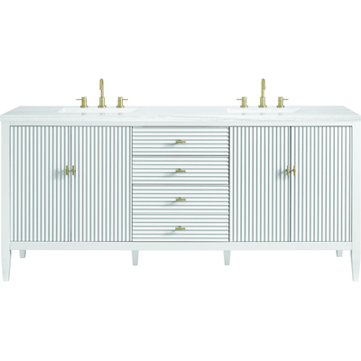 James Martin Myrrin 72 inch Double Vanity, Bright White w/ 3 CM Arctic Fall Solid Surface Top, 840108974366, 485-V72-BW-3AF