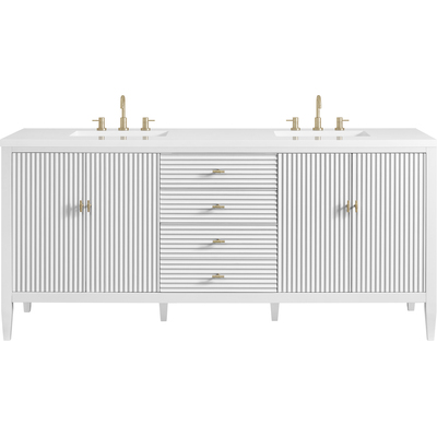 James Martin Myrrin 72 inch Double Vanity, Bright White w/ 3 CM White Zeus Quartz Top, 840108974342, 485-V72-BW-3WZ