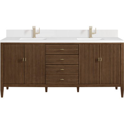 James Martin Myrrin 72 inch Vanity, Mid Century Walnut w/ Single Hole 3 CM White Zeus Quartz Top & Backsplash, 840108974670, 485-V72-WLT-1WZ