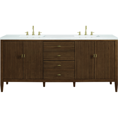 James Martin Myrrin 72 inch Double Vanity, Mid Century Walnut w/ 3 CM Arctic Fall Solid Surface Top, 840108974595, 485-V72-WLT-3AF