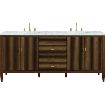 James Martin Myrrin 72 inch Double Vanity, Mid Century Walnut w/ 3 CM Carrara White Marble Top, 840108974588, 485-V72-WLT-3CAR