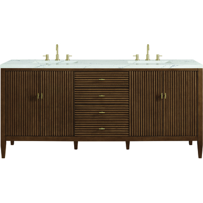 James Martin Myrrin 72 inch Double Vanity, Mid Century Walnut w/ 3 CM Ethereal Noctis Quartz Top, 840108974618, 485-V72-WLT-3ENC