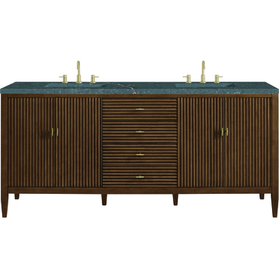 James Martin Myrrin 72 inch Double Vanity, Mid Century Walnut w/ 3 CM Parisien Bleu Silestone Top w/FreePower Wireless Charger, 840467811104, 485-V72-WLT-FPBL