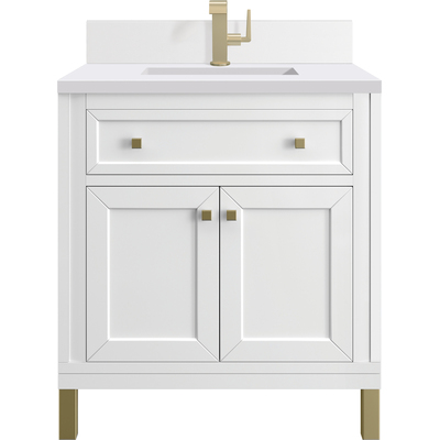 James Martin Chicago 30 inch Single Vanity, Glossy White, w/ Single Hole 3CM White Zeus Silestone® Top & Backsplash, 840467801310, 503-V30-GW-1WZ