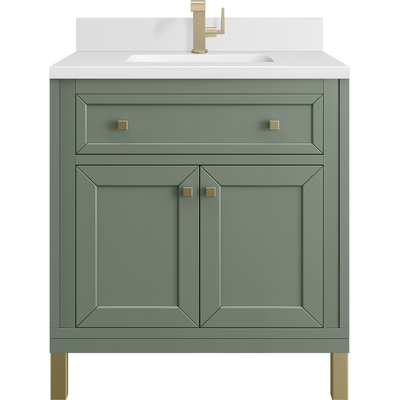 James Martin Chicago 30 inch Single Vanity, Smokey Celadon, w/ Single Hole 3CM White Zeus Silestone® Top & Backsplash, 840467801402, 503-V30-SC-1WZ