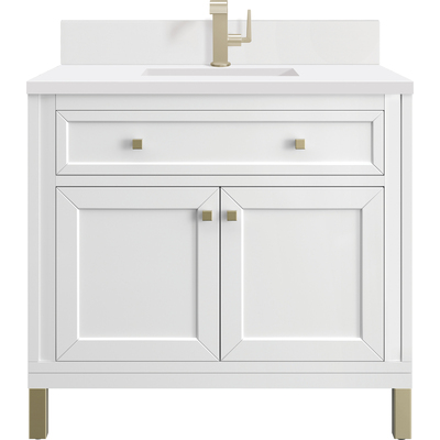 James Martin Chicago 36 inch Single Vanity, Glossy White, w/ Single Hole 3CM White Zeus Silestone® Top & Backsplash, 840467801570, 503-V36-GW-1WZ