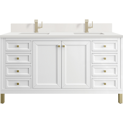 James Martin Chicago 60 inch Double Vanity, Glossy White, w/ Single Hole 3CM White Zeus Silestone® Top & Backsplash, 840467802096, 503-V60D-GW-1WZ