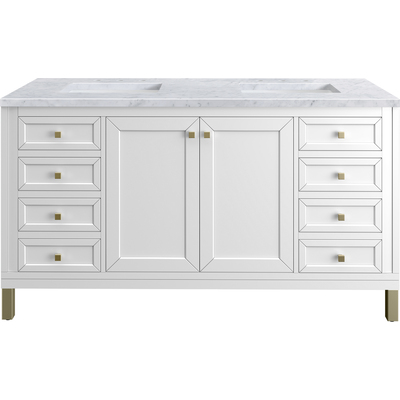James Martin Chicago 60 inch Double Vanity, Glossy White, w/ 3 CM Carrara Marble Top, 840467802119, 503-V60D-GW-3CAR