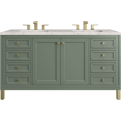 James Martin Chicago 60 inch Double Vanity, Smokey Celadon, w/ 3 CM Eternal Jasmine Pearl Silestone® Top w/FreePower Wireless Charger, 840467811241, 503-V60D-SC-FEJP