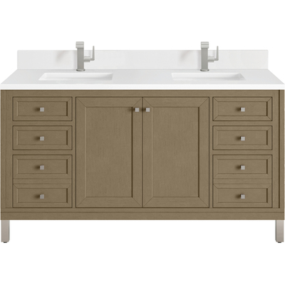 James Martin Chicago 60 inch Double Vanity, Walnut Whisper, w/ Single Hole 3CM White Zeus Silestone® Top & Backsplash, 840467802263, 503-V60D-WLW-1WZ