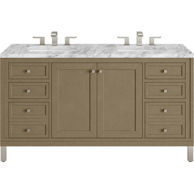 James Martin Chicago 60 inch Double Vanity, Walnut Whisper, w/ 3 CM Carrara Marble Top, 840467802287, 503-V60D-WLW-3CAR