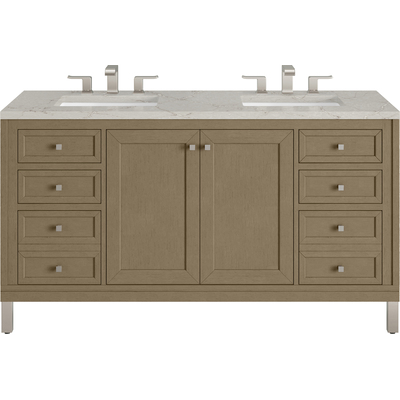 James Martin Chicago 60 inch Double Vanity, Walnut Whisper, w/ 3 CM Victorian Silver Silestone® Top w/FreePower Wireless Charger, 840467811296, 503-V60D-WLW-FVSL