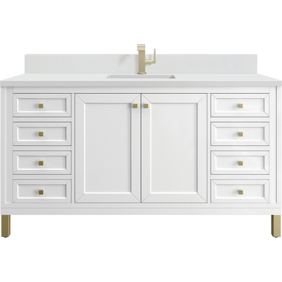 James Martin Chicago 60 inch Single Vanity, Glossy White, w/ Single Hole 3CM White Zeus Silestone® Top & Backsplash, 840467802355, 503-V60S-GW-1WZ