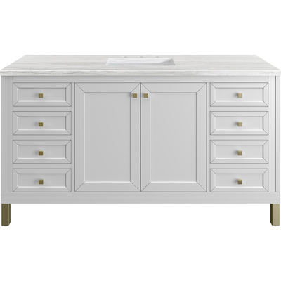 James Martin Chicago 60 inch Single Vanity, Glossy White, w/ 3 CM Arctic Fall Solid Surface Top, 840467802362, 503-V60S-GW-3AF