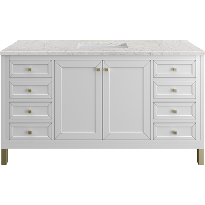 James Martin Chicago 60 inch Single Vanity, Glossy White, w/ 3 CM Eternal Jasmine Pearl Silestone Top w/ FreePower Wireless Charger, 840467807251, 503-V60S-GW-FEJP