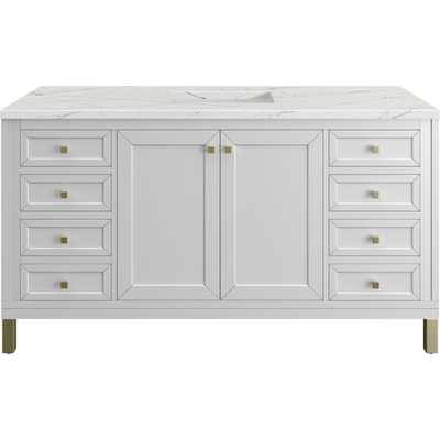 James Martin Chicago 60 inch Single Vanity, Glossy White, w/ 3 CM Ethereal Noctis Silestone Top w/ FreePower Wireless Charger, 840467807268, 503-V60S-GW-FENC