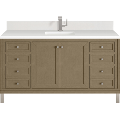 James Martin Chicago 60 inch Single Vanity, Walnut Whisper, w/ Single Hole 3CM White Zeus Silestone® Top & Backsplash, 840467802522, 503-V60S-WLW-1WZ