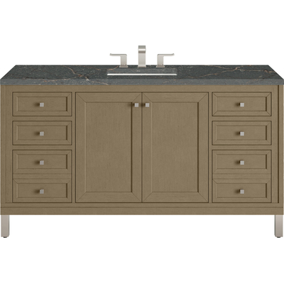 James Martin Chicago 60 inch Single Vanity, Walnut Whisper, w/ 3 CM Parisien Bleu Silestone® Top w/FreePower Wireless Charger, 840467820939, 503-V60S-WLW-FPBL