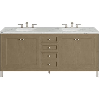 James Martin Chicago 72 inch Double Vanity, Walnut Whisper, w/ 3 CM Ethereal Noctis Silestone Top w/ FreePower Wireless Charger, 840467807411, 503-V72-WLW-FENC