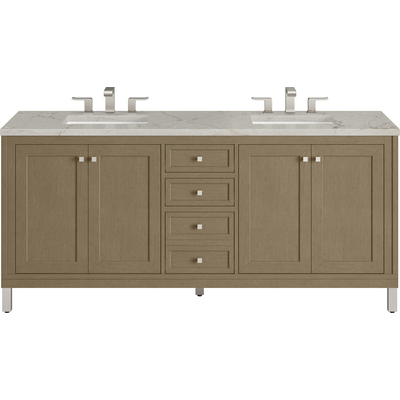 James Martin Chicago 72 inch Double Vanity, Walnut Whisper, w/ 3 CM Victorian Silver Silestone Top w/ FreePower Wireless Charger, 840467807428, 503-V72-WLW-FVSL