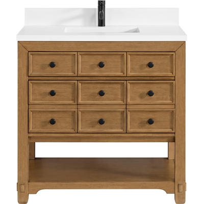 James Martin Malibu 36 inch Single Vanity, Amber Birch w/ Single Hole 3 CM White Zeus Top & Backsplash, 840108992124, 505-V36-AMB-1WZ