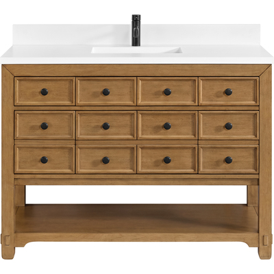 James Martin Malibu 48 inch Single Vanity, Amber Birch w/ Single Hole 3 CM White Zeus Quartz Top & Backsplash, 840108992230, 505-V48-AMB-1WZ