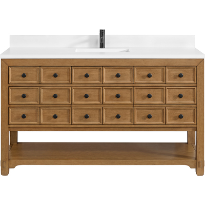James Martin Malibu 60 inch Single Vanity, Amber Birch w/ Single Hole 3 CM White Zeus Top & Backsplash, 840108992346, 505-V60S-AMB-1WZ